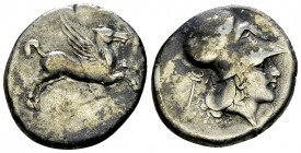 Leucas AR Stater, c. 300 BC 

 Acarnania, Leucas. AR Stater (20-22 mm, 8.36 g), c. 300 BC.
Obv. Pegasos flying right, Λ below.
Rev. Head of Athena...