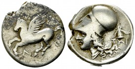 Leucas AR Stater, c. 300 BC 

 Acarnania, Leucas . AR Stater (20-22 mm, 8.37 g), c. 300 BC.
Obv. Pegasos flying left, Λ below.
Rev. Head of Athena...