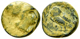 Athens AE16, c. 307-300 BC 

Attica, Athens . AE16 (4.41 g), c. 307-300 BC.
Obv. Helmeted head of Athena right.
Rev. HΘ-A, Owl standing left, head...