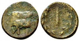 Athens AE14, c. 261-229 BC 

Attica, Athens . AE14 (2.42 g), c. 261-229 BC. 
Obv. Two pigs standing left.
Rev. A-E, Upright mystic staff within ol...