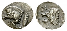 Kyzikos AR Hemiobol, c. 525-475 BC 

Mysia, Kyzikos . AR Hemiobol (8-10 mm, 0.41 g), c. 525-475 BC.
Obv. Forepart of boar left; tunny to right.
Re...