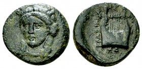 Kolophon AE14, c. 330-285 BC, rare 

Ionia, Kolophon . AE14 (2.42 g), c. 330-285 BC.
Obv. Laureate, three-quarter facing head of Apollo, head turne...