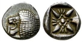 Miletos AR Obol, c. 525-475 BC 

 Miletos , Ionia. AR Obol (10 mm, 1.31 g), c. 525-475 BC.
Obv. Forepart of lion left.
Rev. Stellate pattern in in...