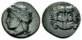Samos AE14, c. 408-366 BC 

Islands off Ionia, Samos . AE14 (2.64 g), c. 408/4-380/66 BC.
Obv. Head of Hera right.
Rev. Facing lion scalp; no ethn...