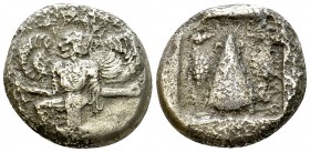 Kaunos AR Stater, c. 450-430 BC 

Caria, Kaunos . AR Stater (20-21 mm, 10.54 g), c. 450-430 BC.
Obv. Winged female figure in kneeling/running stanc...
