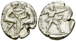 Aspendos AR Stater, c. 420-400 BC 

Pamphylia, Aspendos . AR Stater (23-24 mm, 10.67 g), c. 420-400 BC.
Obv. Two wrestlers grappling.
Rev. ESTFF, ...