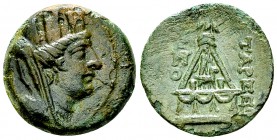 Tarsos AE20, monument of Sandan reverse 

Cilicia, Tarsos . AE20 (5.54 g), c. 165-80 BC.
Obv. Turreted and veiled head of Tyche right.
Rev. TAPΣEΩ...