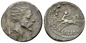 L. Hostilius Saserna AR Denarius, 48 BC 

 L. Hostilius Saserna . AR Denarius (19 mm, 3.76 g), Rome, 48 BC.
Obv. Bearded male head to right, his ha...