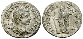 Elagabalus AR Denarius, Fides reverse 

 Elagabalus (218-222 AD). AR Denarius (18-20 mm, 2.98 g), Rome.
Obv. IMP ANTONINVS AVG, Laureate and draped...