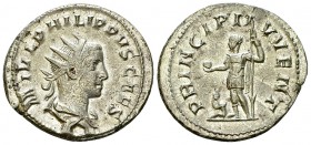 Philip II. AR Antoninianus, Prince of the Youth reverse 

 Philippus II . (244-249 AD). AR Antoninianus (22-23 mm, 3.76 g), Rome, 244-247 AD.
Obv. ...