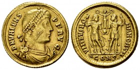 Valens AV Solidus, Two Emperors reverse, very rare 

 Valens (364-378 AD). AV Solidus (21-22 mm, 4.48 g), Constantinople, 364-367 AD.
Obv. D N VALE...