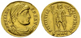 Valens AV Solidus, Nicomedia 

 Valens (364-378 AD). AV Solidus (20-21 mm, 4.32 g), Nicomedia, 364 AD.
 Obv. D N VALENS P F AVG, Pearl-diademed, dr...