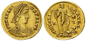 Honorius AV Solidus, Ravenna 

 Honorius (393-423 AD). AV Solidus (20-21 mm, 4.46 g), Ravenna, c. 402-406 AD.
Obv. D N HONORIVS P F AVG, pearl-diad...