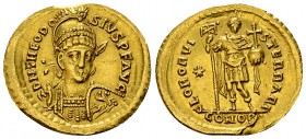 Theodosius II AV Solidus, GLOR ORVIS TERRAR reverse 

 Theodosius II (402-450). AV Solidus (20-22 mm, 4.37 g), Constantinopolis, c. 425-430 AD.
Obv...
