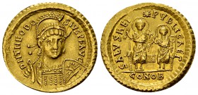 Theodosius II AV Solidus, rare 

 Theodosius II (408-450 AD). AV Solidus (20-21 mm, 4.42 g), Constantinople, 425 AD. 
Obv. DN THEODOSIVS P F AVG, H...
