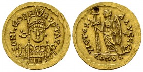 Leo I AV Solidus 

 Leo I. (457-474 AD). AV Solidus (20 mm, 4.46 g), Constantinople, c. 462-466 AD.
Obv. D N LEO PERPET AVC, helmeted and cuirassed...