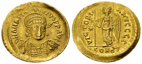 Anastasius I AV Solidus 

 Anastasius I (491-518 AD). AV Solidus (20-22 mm, 4.35 g), Constantinople.
Obv. D N ANASTASIVS P P AVC, helmeted and cuir...