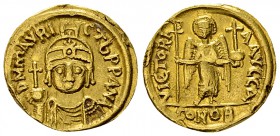 Maurice Tiberius AV Solidus, Carthage, IY 1 

 Maurice Tiberius (582-602 AD). AV Solidus (17 mm, 4.36 g), Carthage mint, 1st officina. Dated IY 1 (A...
