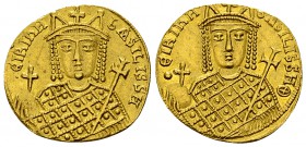 Irene AV Solidus, very rare, ex Schulman 1938 

Irene (797-802 AD). AV Solidus (18-19 mm, 4.11 g), Constantinople.
Obv. ЄIRInH bASILISSH, Bust of I...