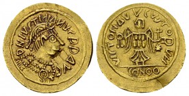 Lombards, AV Tremissis, c. 568-690 AD

Lombards, Lombardy. Uncertain King. AV Tremissis (14-15 mm, 1.48 g), c. 568-690 AD. Struck in the name of Jus...