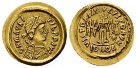 Lombards, AV Tremissis, c. 568-690 AD

Lombards, Lombardy . Uncertain King. AV Tremissis (16 mm, 1.36 g), c. 568-690 AD. Struck in the name of Mauri...