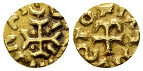Merovingians, 7th Century AV Triens 

 Merovingians . Indeterminate mint. AV Triens (11 mm, 1.12 g), 7th Century AD. Monetarius: [.]ustofias (?).
O...