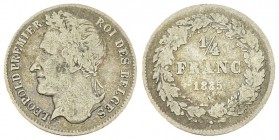 Leopold I, AR 1/4 Franc 1835 

Belgium. Leopold I (1831-1865). AR 1/4 Franc 1835 (1.23 g).
Dupr. 130.

Good fine.