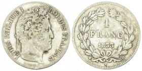 Louis-Philippe I, AR 1 Franc 1833 D, Lyon 

France, Royaume. Louis-Philippe I. AR 1 Franc 1833 D (4.83 g), Lyon.
 Gad. 453.

TB.