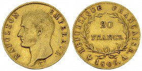 Napoléon I, AV 20 Francs 1806 A, Paris 

France. Napoléon I empereur (1804-1814). AV 20 Francs 1806 A (6.42 g). Paris.
Gad. 1023.

TTB+.