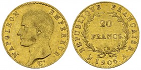 Napoléon I, AV 20 Francs 1806 A, Paris 

France. Napoléon I empereur (1804-1814). AV 20 Francs 1806 A (6.43 g). Paris.
Gad. 1023.

TTB+.
