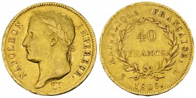 Napoléon I, AV 40 Francs 1808 H, La Rochelle 

Premier Empire. Napoléon I. AV 40 Francs 1808 H (12.87 g), La Rochelle.
Gad. 1083.

TTB.