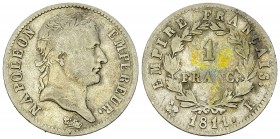 Napoléon I, AR 1 Franc 1811 K, Bordeaux 

France, Premier Empire. Napoléon . AR 1 Franc 1811 K (4.83 g), Bordeaux.
Gad. 447.

Rare. TB.