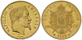 Napoléon III., AV 100 Francs 1869 BB 

France, second Empire. Napoléon III (1852-1870). AV 100 Francs 1869 BB (32.22g), Strasbourg.
KM 802.2; Gad. ...