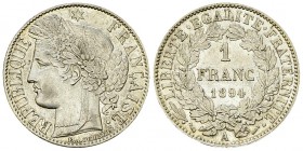 France, AR 1 Franc 1894 A, Paris 

 France, IIIe République . AR 1 Franc 1894 A (4.99 g), Paris.
Gad. 465a.

Presque FDC.
