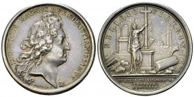 Louis XIV, AR Médaille 1685, Démolition des temples calvinistes 

 Louis XIV (1643-1715). AR Médaille 1685 (41 mm, 38.86 g). Commémorant la démoliti...