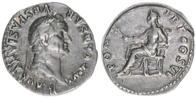 Vespasianus 69-79
Römisches Reich - Kaiserzeit. Denar. PON MAX TR P COS VI
Rom
3...