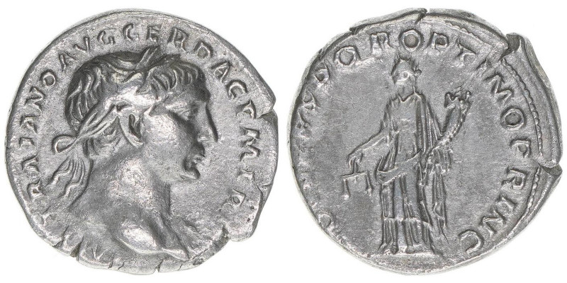 Traianus 98-117
Römisches Reich - Kaiserzeit. Denar. COS V P P SPQR OPTIMO PRINC...
