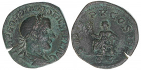 Gordianus III. Pius 238-244
Römisches Reich - Kaiserzeit. Sesterz. P M TR P V COS II P P SC
Rom
17,49g
RIC 303
ss