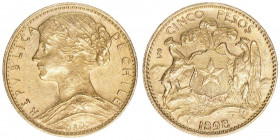 Cinco Pesos, 1898
Chile. 917er Gold - 16,5mm. Gold
3,00g
Kahnt/Schön 103
vz