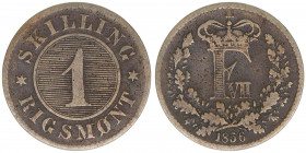 Friedrich VII. 1848-1863
Dänemark. 1 Skilling Rigsmont, 1856. Krone auf F VII
3,91g
Kahnt/Schön 60
ss