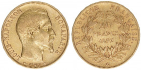 20 Francs, 1852 a
Frankreich. Gold. 6,40g
Kahnt/Schön 90
ss