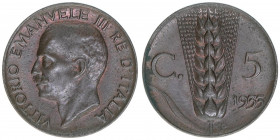Victor Emanuel III. 1900-1946
Italien. 5 Centesimi, 1933. 3,24g
Schön 59
vz+
