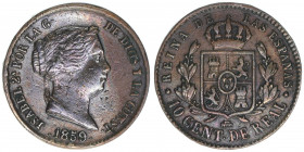 Isabella II. 1833-1868
Spanien. 10 Centimos, 1859. Sagovia
3,61g
Kahnt/Schön 116
ss