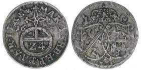 Marquard Sebastian Schenk von Staufenberg 1683-1693
Bamberg. 1/24 Taler, 1684. 1,47g
Krug 341
ss+
