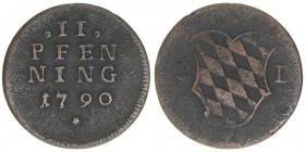 Karl Theodor 1777-1799
Bayern. 2 Pfennige, 1790. 2,30g
Schön 141
ss-