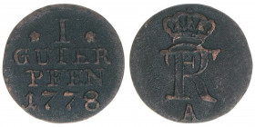 Friedrich II. 1762-1786
Brandenburg. 1 Pfennig, 1778. 0,61g
Schön 149
ss-