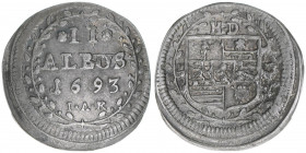 Ernst Ludwig 1678-1739
Hessen-Darmstadt. 2 Albus, 1693 IAR. Französisches Wappen
1,87g
Müller 3451b
ss/vz