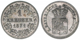 Ludwig III. 1848-1877
Hessen-Darmstadt. 1 Kreuzer, 1871. 0,83g
AKS 130
ss/vz