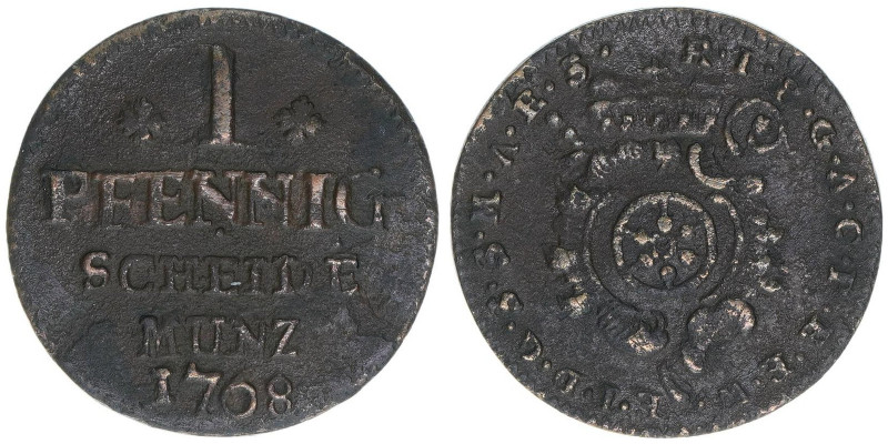 Emmerich Joseph von Breidbach 1763-1774
Mainz. 1 Pfennig, 1768. 2,49g
KM#364
ss