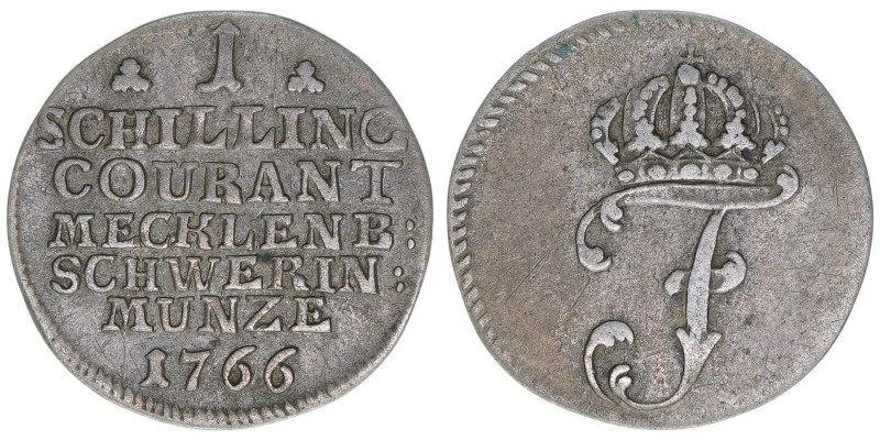 Friedrich 1756-1785
Mecklenburg Schwerin. 1 Schilling, 1766. 1,00g
Schön 46
ss